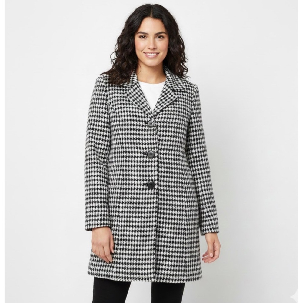 Jones Wear Petite Houndstooth Tweed Coat Women's Size 10P‎ Black White Classic